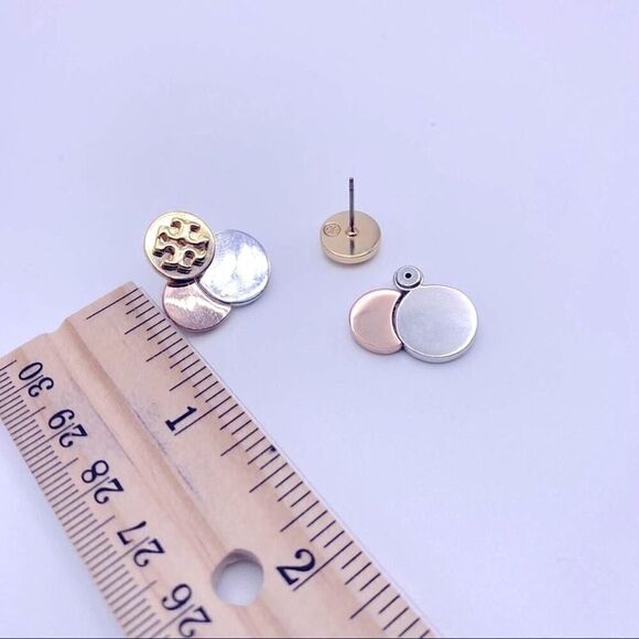 NWOT Tory Burch Tri Color Gold Round Logo Stud Earrings - Picture 7 of 8